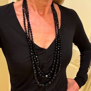 M&J Savitt Black Three-Strand Beaded Necklace with Faceted Beads 17 Inches Long